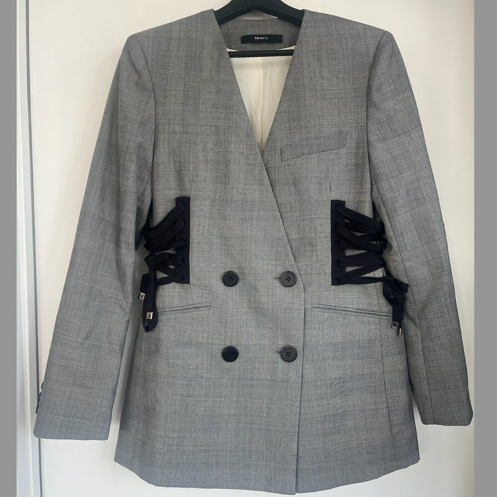 MO&Co Plaid Corset Detail Wool Blend Blazer